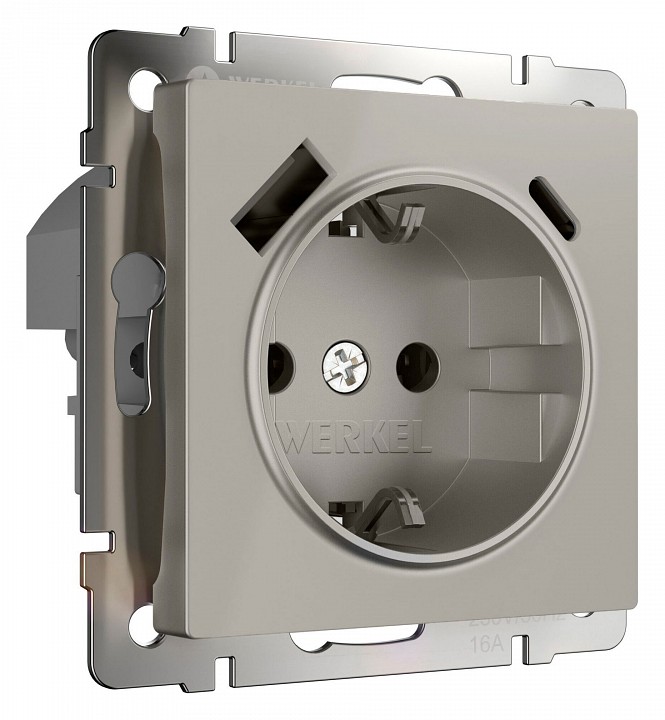 Розетка с заземлением и со шторкой и 2хUSB type A и C, без рамки Werkel дымчатый W1271704
