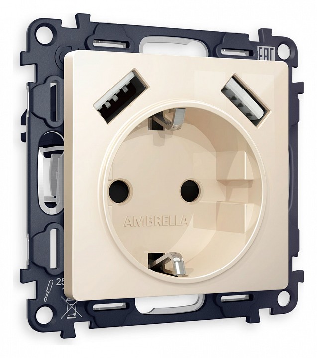 Розетка с заземлением и со шторкой и 2хUSB type A, без рамки Ambrella Volt ALFA MA309010