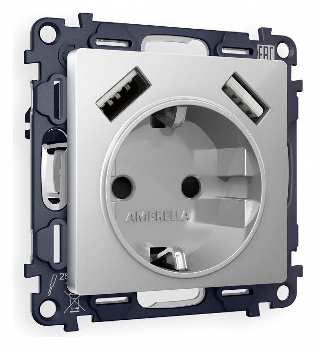 Розетка с заземлением и со шторкой и 2хUSB type A, без рамки Ambrella Volt ALFA MA409010