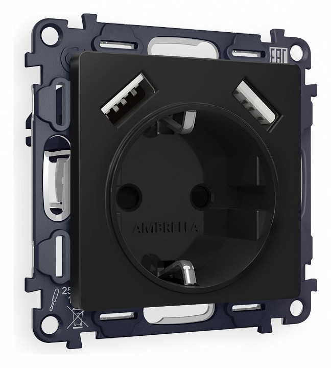 Розетка с заземлением и со шторкой и 2хUSB type A, без рамки Ambrella Volt ALFA MA809010