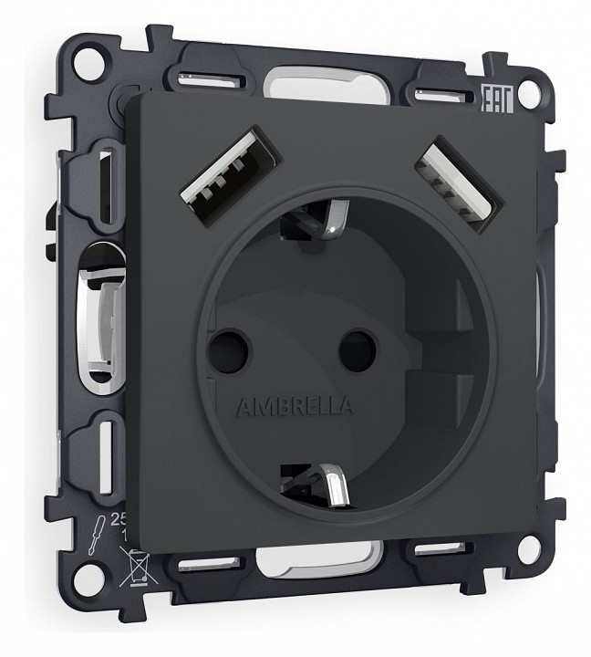 Розетка с заземлением и со шторкой и 2хUSB type A, без рамки Ambrella Volt ALFA MA909010