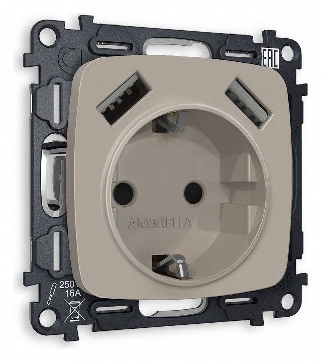 Розетка с заземлением и 2хUSB type A, без рамки Ambrella Volt OMEGA MO369010