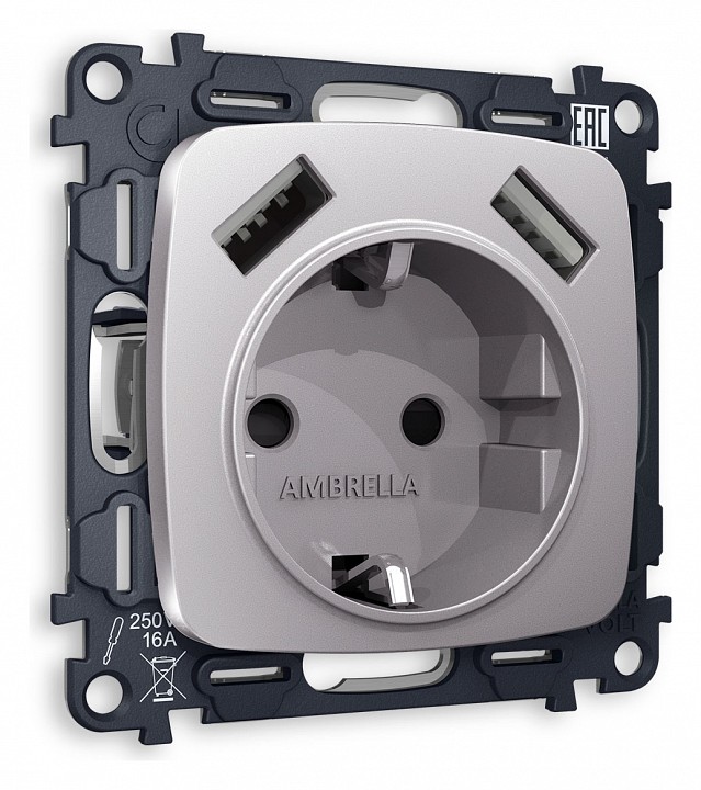 Розетка с заземлением и 2хUSB type A, без рамки Ambrella Volt OMEGA MO509010