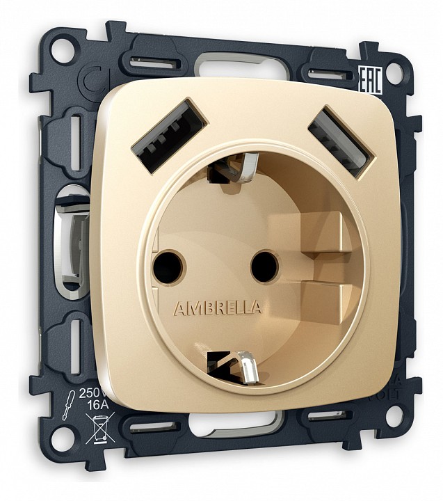Розетка с заземлением и 2хUSB type A, без рамки Ambrella Volt OMEGA MO609010