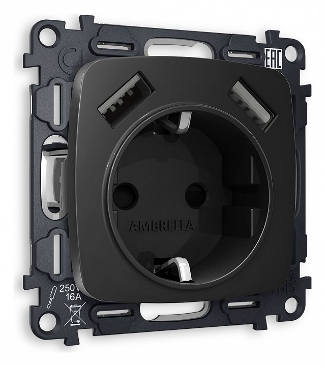 Розетка с заземлением и 2хUSB type A, без рамки Ambrella Volt OMEGA MO809010