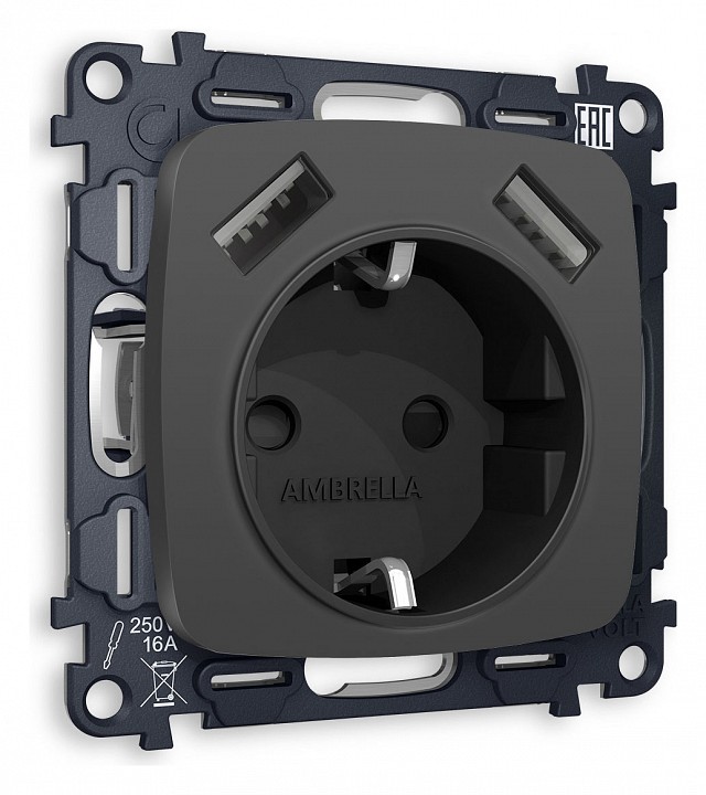 Розетка с заземлением и 2хUSB type A, без рамки Ambrella Volt OMEGA MO909010